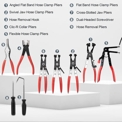 9PCS Hose Clamp Pliers Set – Long Reach Flexible Cable Automotive Hose Removal Tools for Radiator, Heater, Coolant & Fuel Line Repair